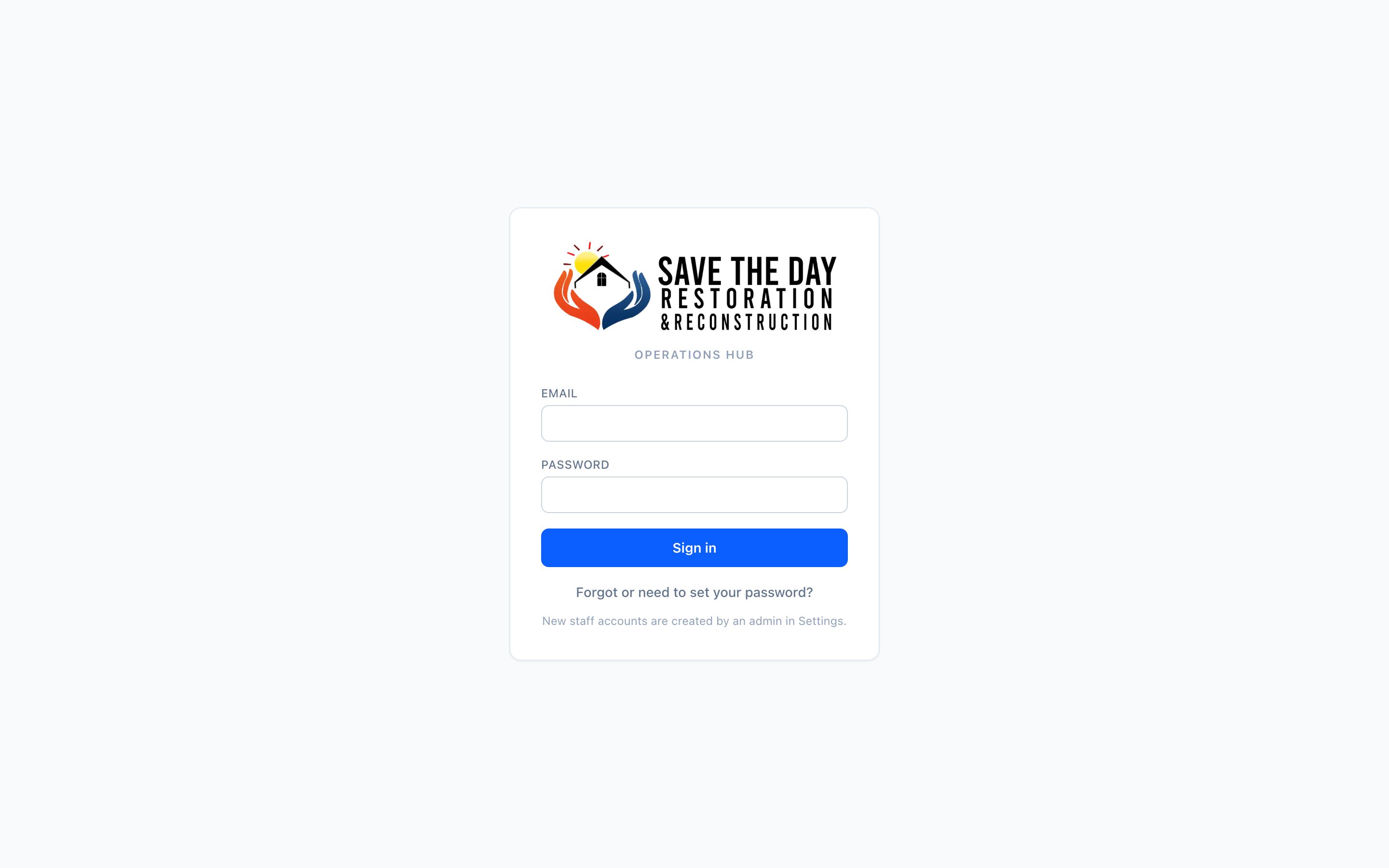 Save The Day CRM public staff sign-in screen